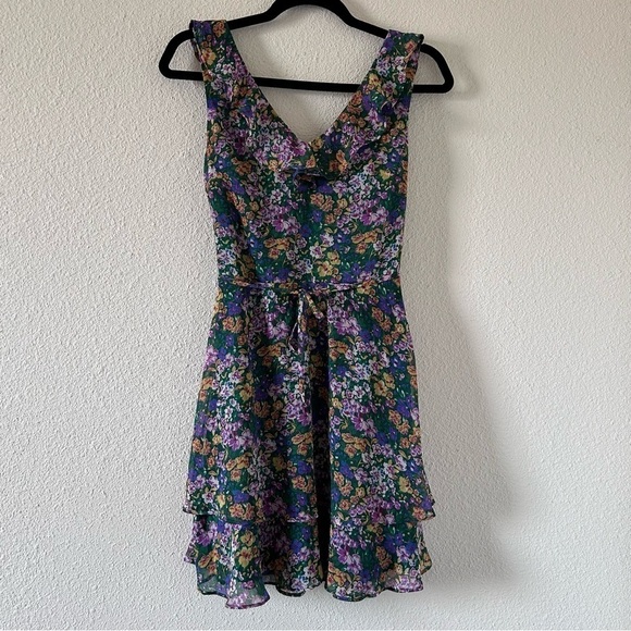 BCX Women Dress Small Green Yellow Floral Print Ruffle V Neck Spring Dixie Date - Picture 1 of 13
